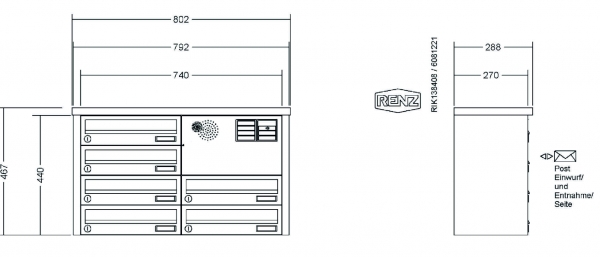 RENZ Briefkastenanlage Aufputz, Tetro, Edelstahl V4A, Kastenformat 370x110x270mm, mit Klingel - & Lichttaster und Vorbereitung Gegensprechanlage, 6-teilig